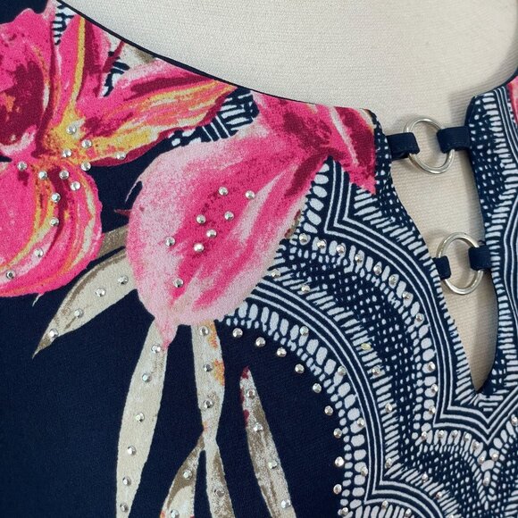 JM Collection Woman Plus 3X Floral Navy Tunic Top Embellished Neckline Shirt - Picture 3 of 12